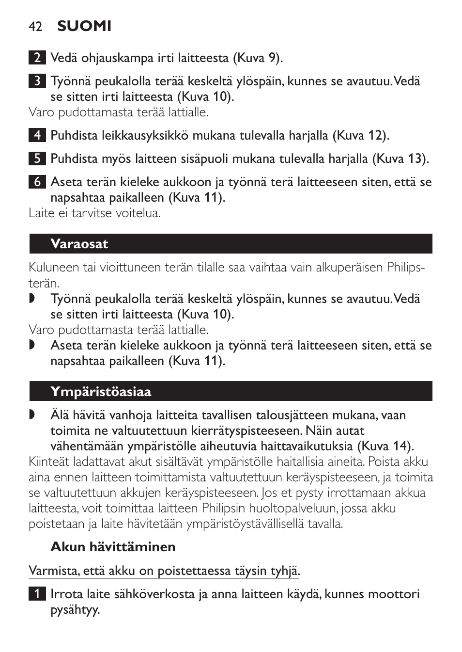 Akun hävittäminen, Varaosat, Ympäristöasiaa | Philips HAIRCLIPPER Series 1000 Cortapelos Super-Easy User Manual | Page 42 / 92