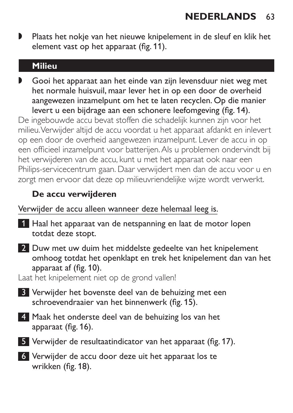 De accu verwijderen, Milieu | Philips HAIRCLIPPER Series 1000 Cortapelos Super-Easy User Manual | Page 63 / 92