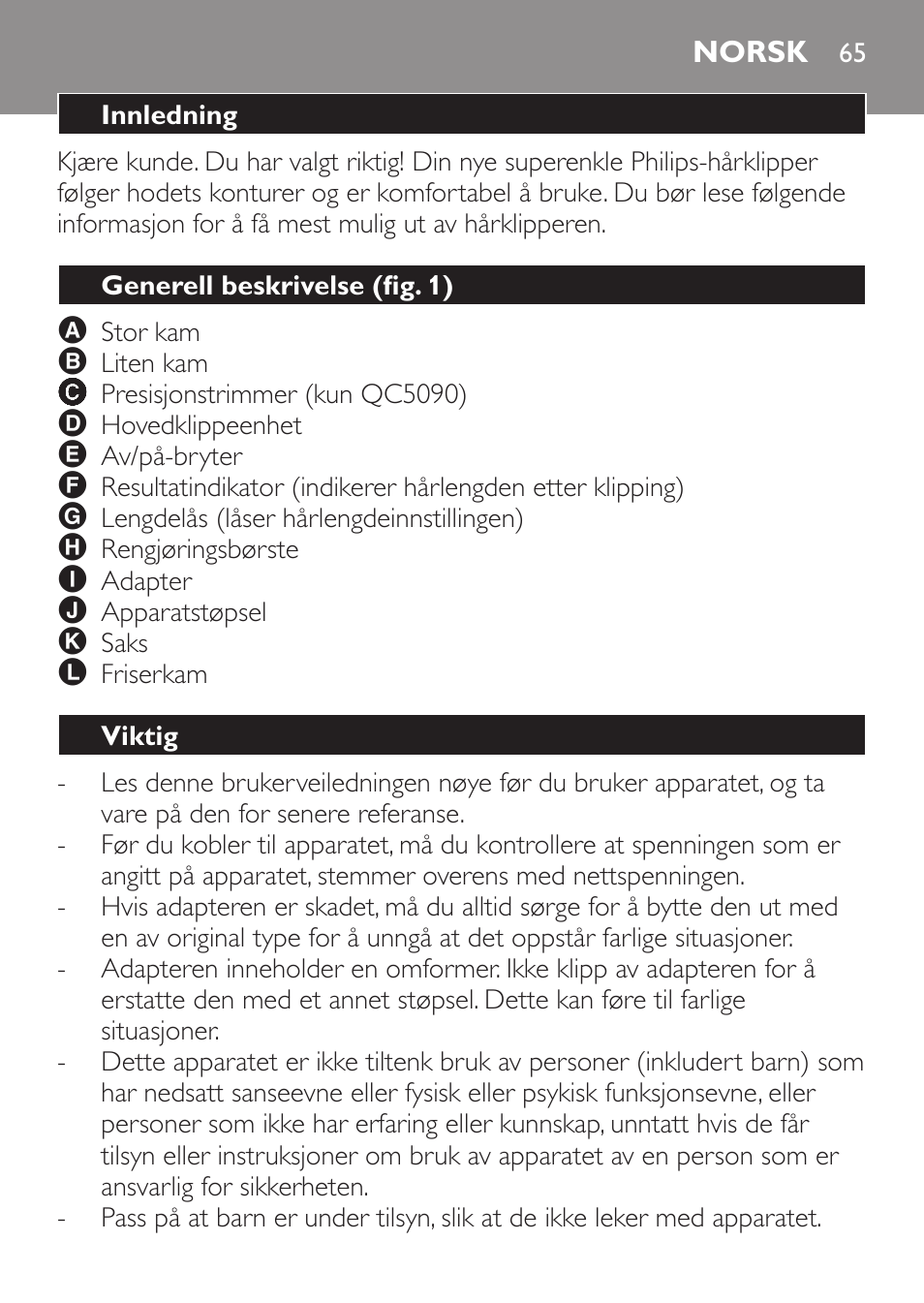 Norsk, Innledning, Generell beskrivelse (fig. 1) | Viktig | Philips HAIRCLIPPER Series 1000 Cortapelos Super-Easy User Manual | Page 65 / 92