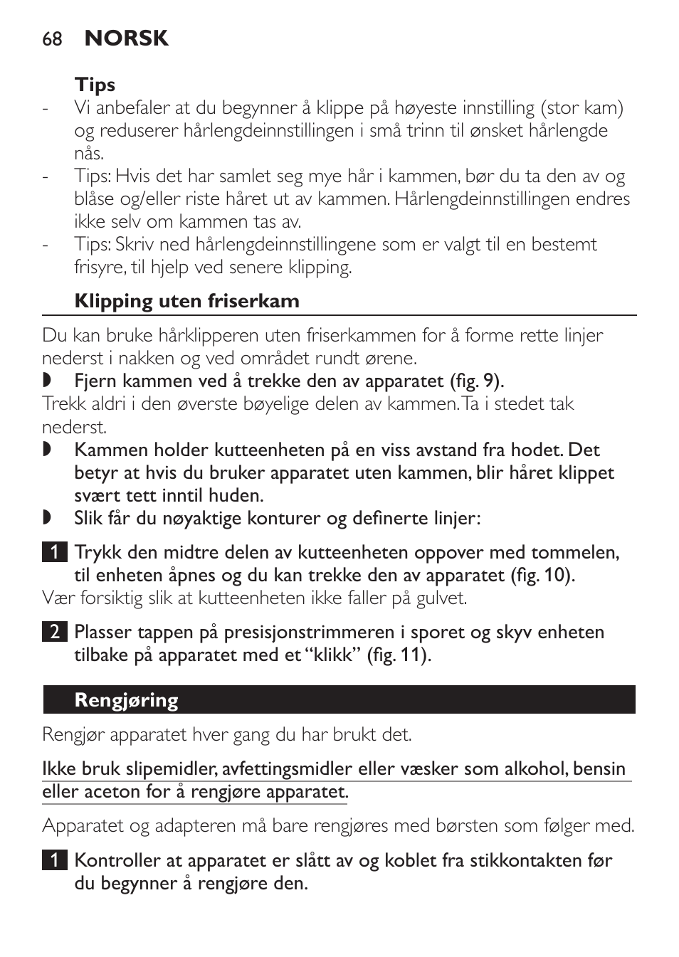 Tips, Klipping uten friserkam, Rengjøring | Philips HAIRCLIPPER Series 1000 Cortapelos Super-Easy User Manual | Page 68 / 92