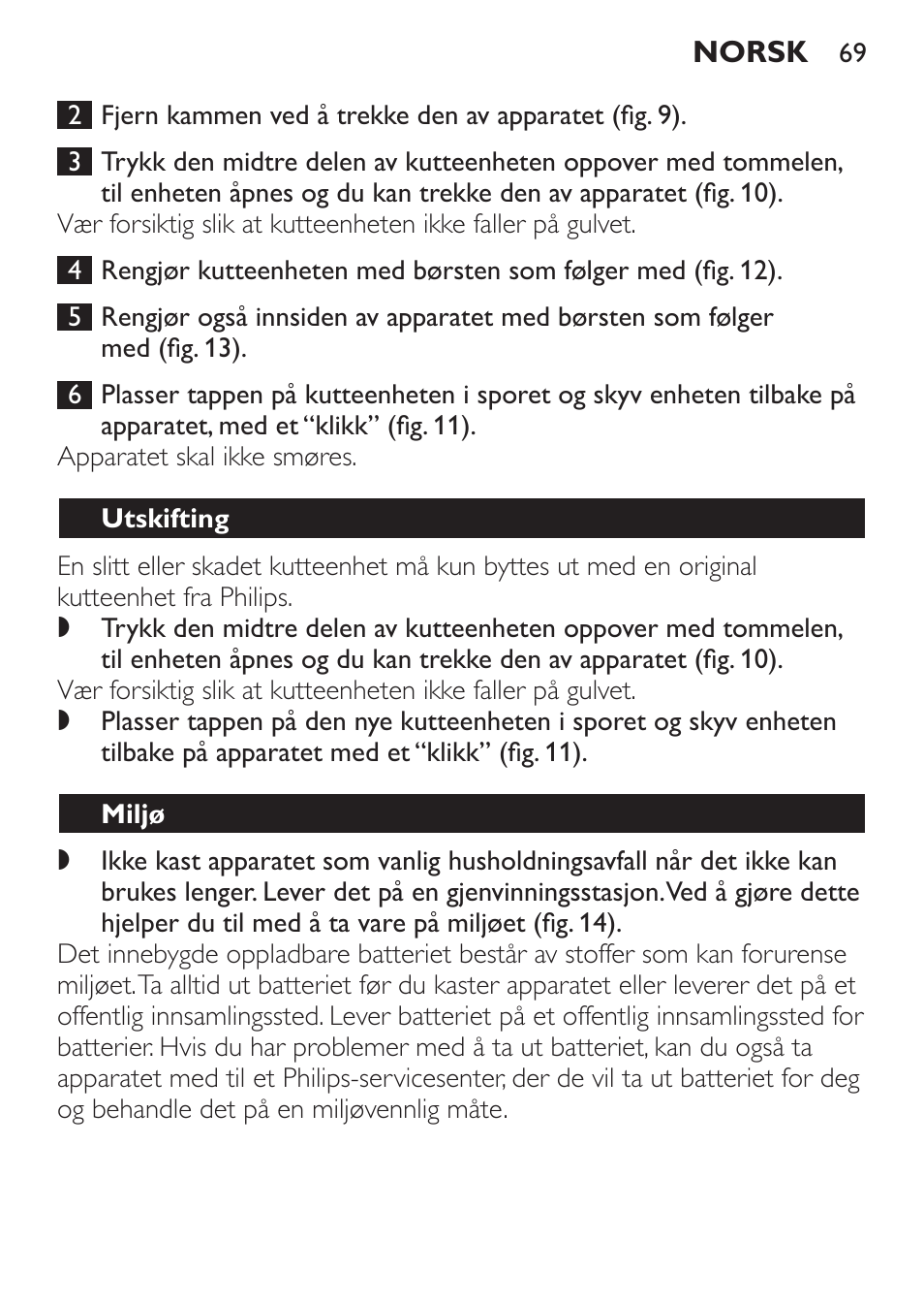 Avhende batteriet, Utskifting, Miljø | Philips HAIRCLIPPER Series 1000 Cortapelos Super-Easy User Manual | Page 69 / 92