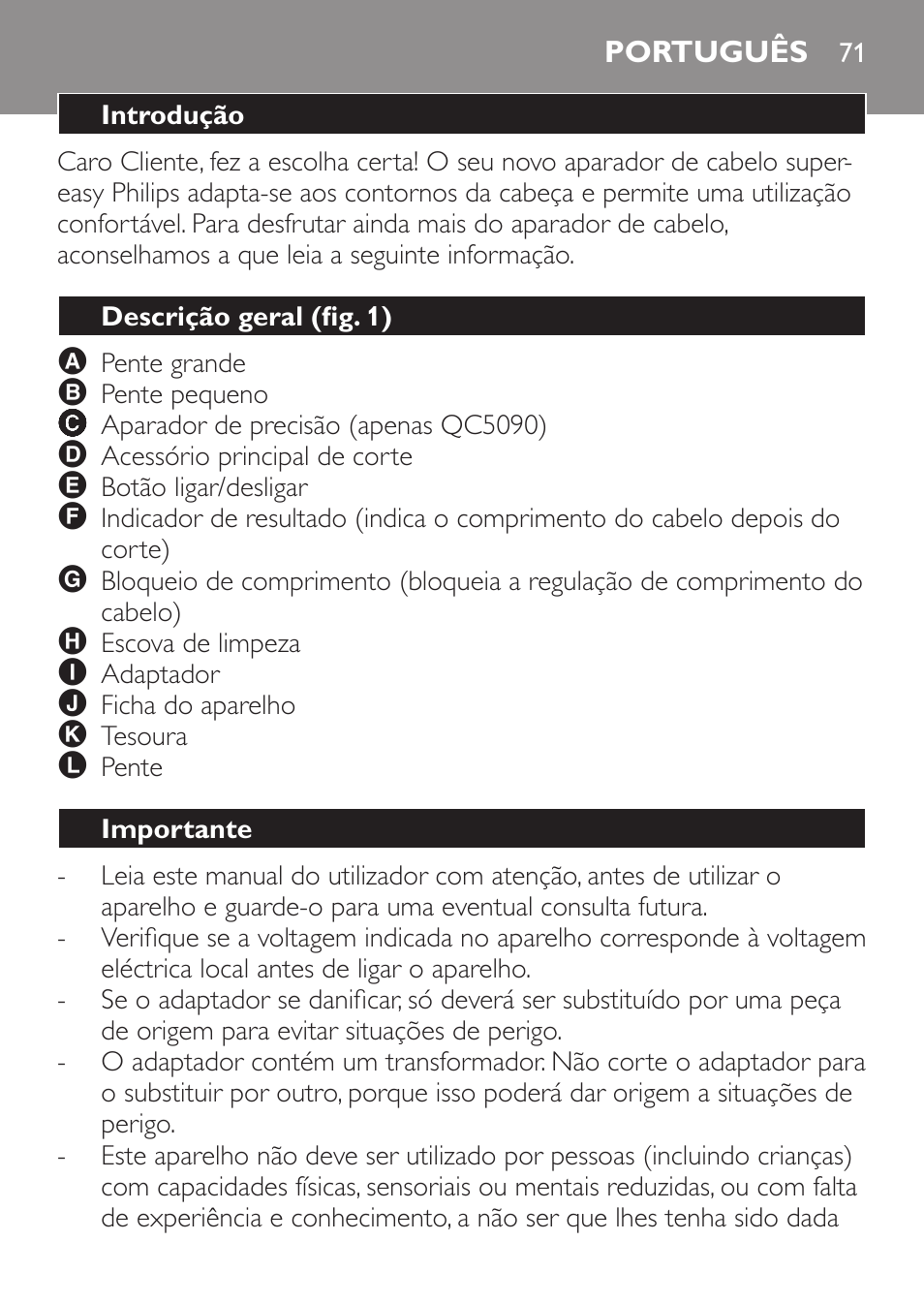 Português, Introdução, Descrição geral (fig. 1) | Importante | Philips HAIRCLIPPER Series 1000 Cortapelos Super-Easy User Manual | Page 71 / 92