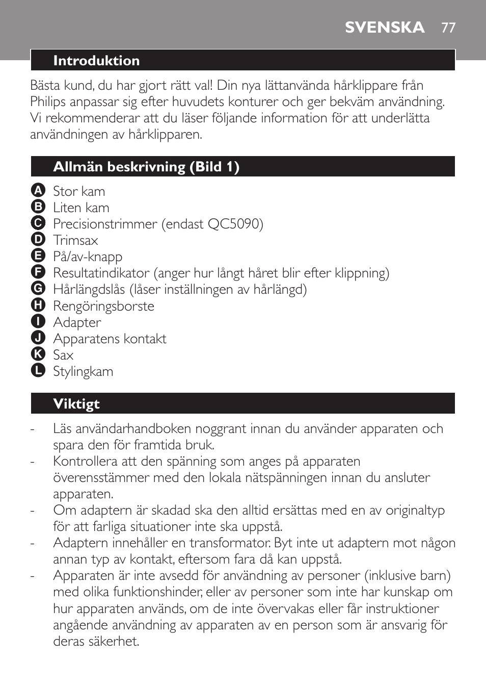 Svenska, Introduktion, Allmän beskrivning (bild 1) | Viktigt | Philips HAIRCLIPPER Series 1000 Cortapelos Super-Easy User Manual | Page 77 / 92