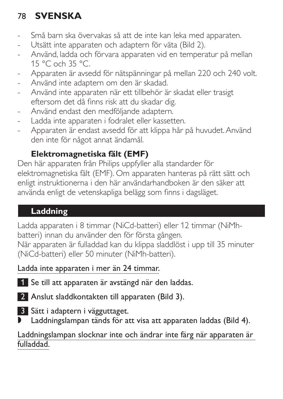 Elektromagnetiska fält (emf), Laddning | Philips HAIRCLIPPER Series 1000 Cortapelos Super-Easy User Manual | Page 78 / 92