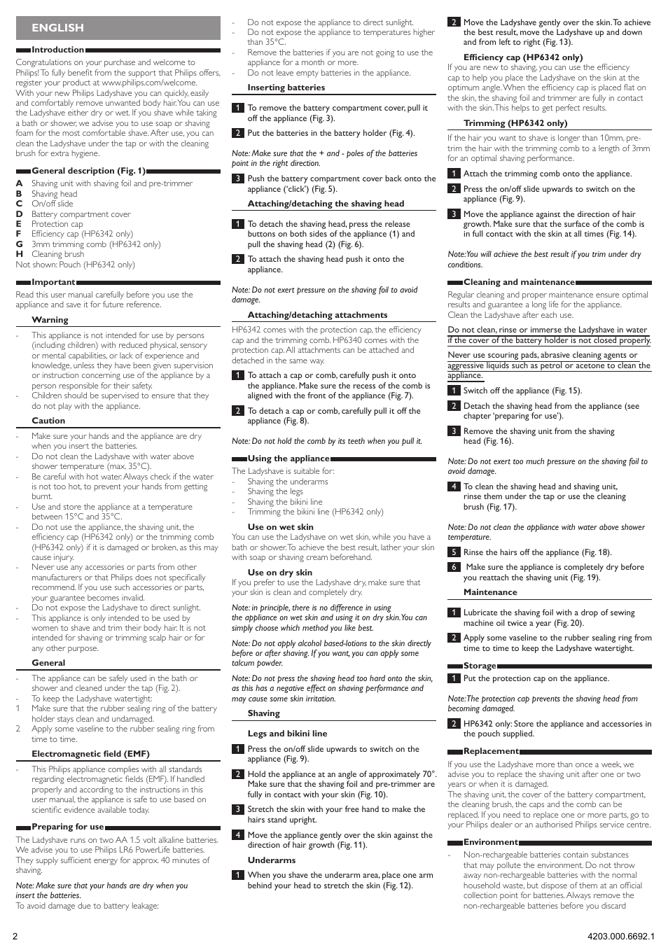 English | Philips Ladyshave User Manual | Page 2 / 9