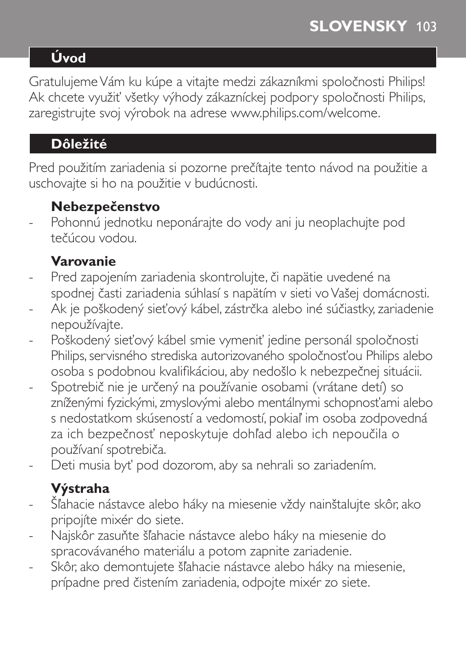 Slovensky, Slovensky 103 | Philips Daily Collection Amasadora de mano User Manual | Page 103 / 126