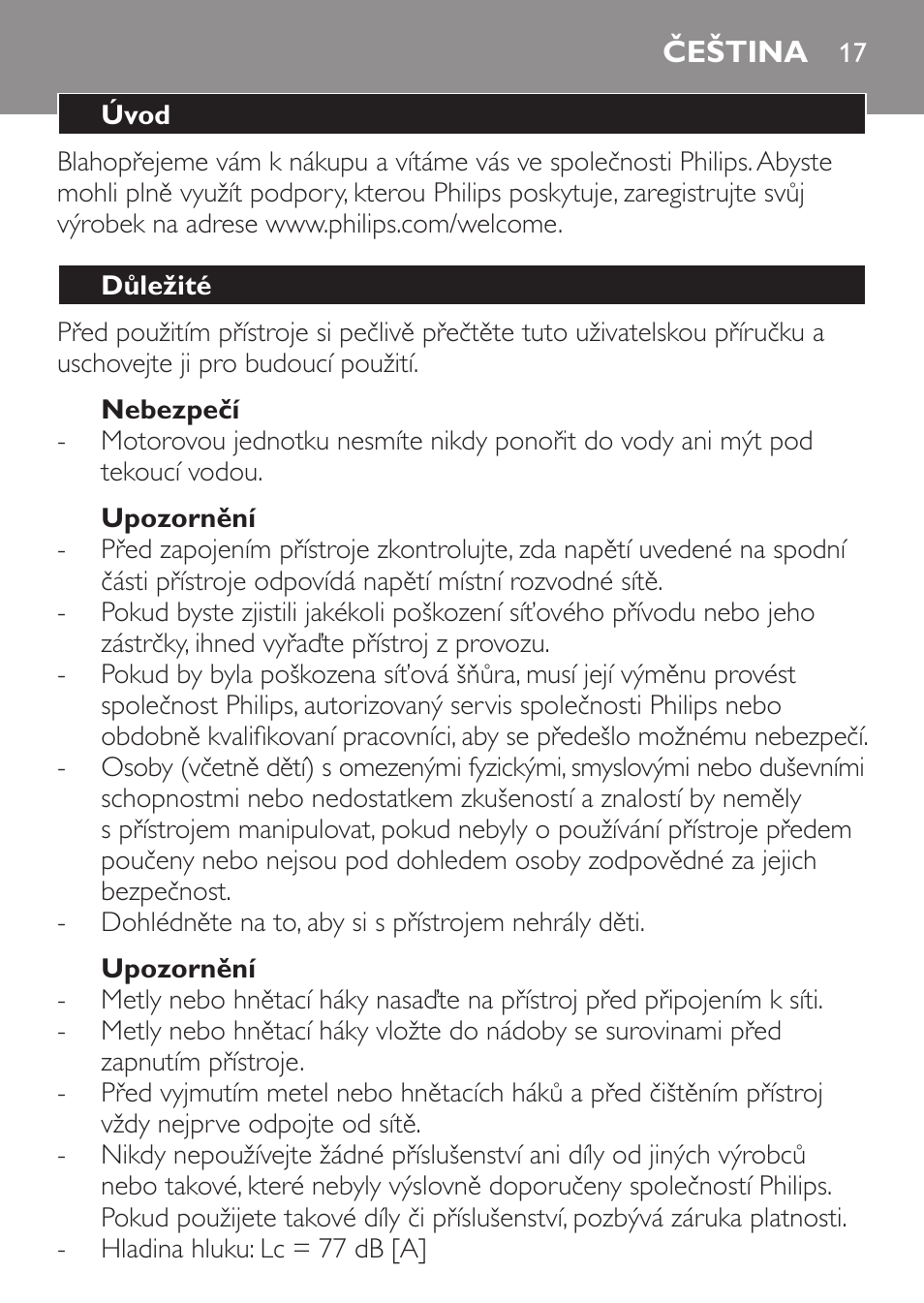 Čeština, Čeština 17 | Philips Daily Collection Amasadora de mano User Manual | Page 17 / 126