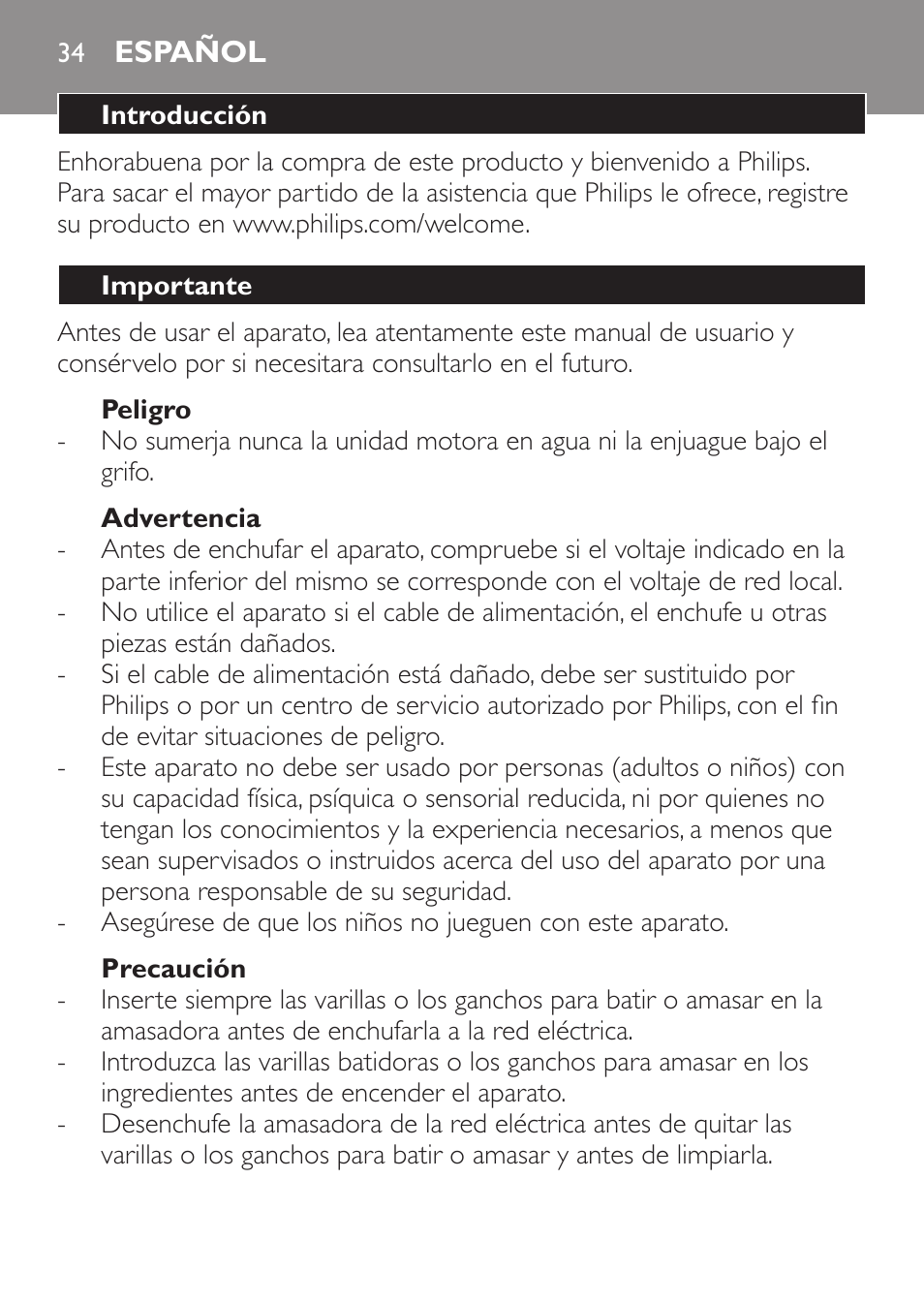 Español, Español 34 | Philips Daily Collection Amasadora de mano User Manual | Page 34 / 126