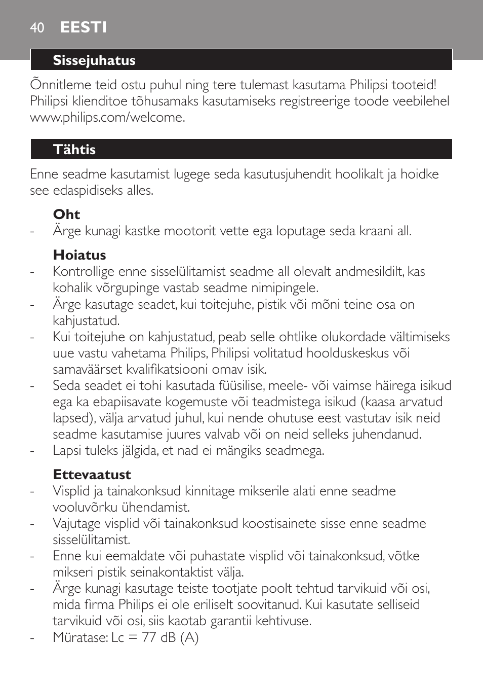 Eesti, Eesti 40 | Philips Daily Collection Amasadora de mano User Manual | Page 40 / 126