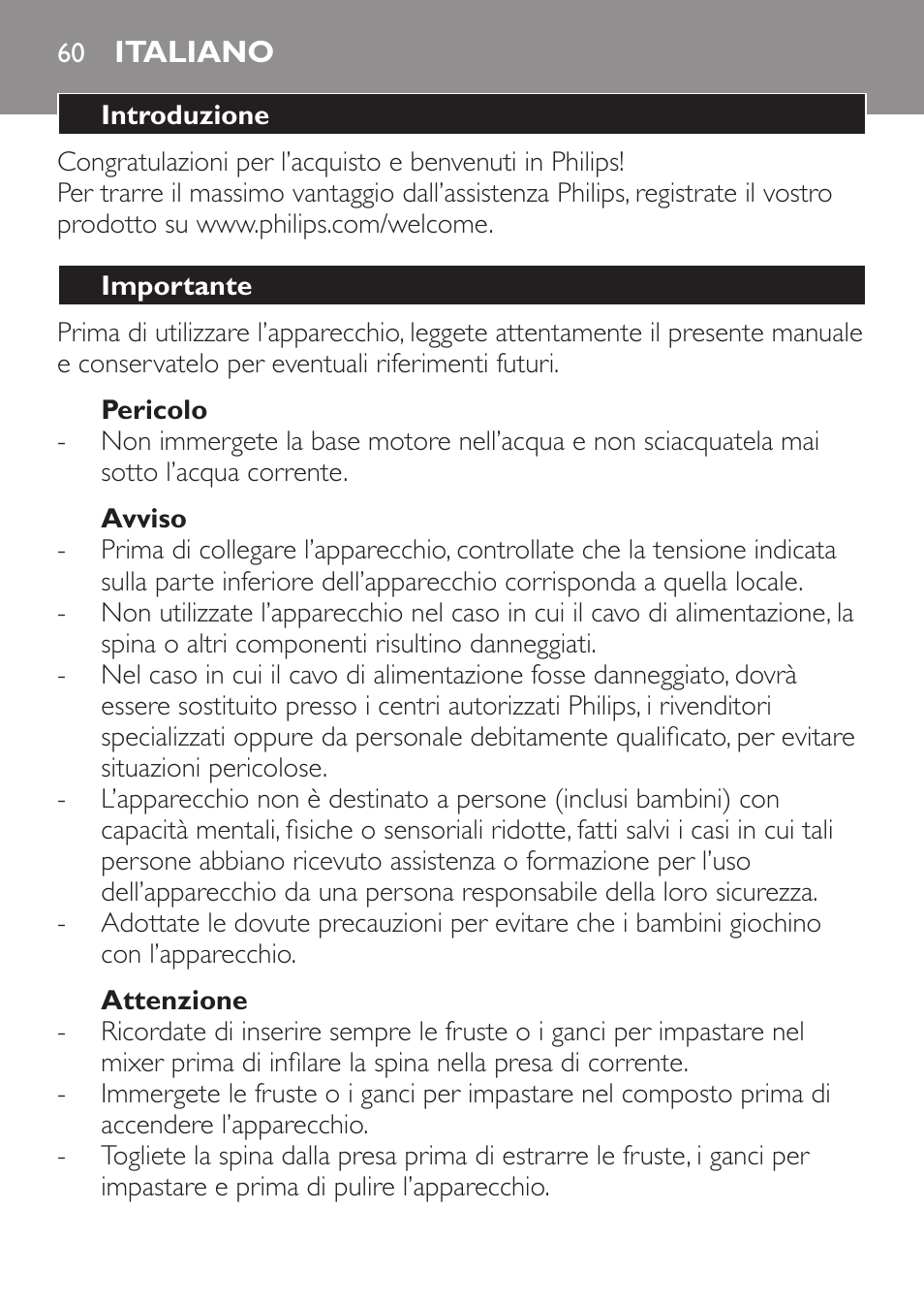 Italiano, Italiano 60 | Philips Daily Collection Amasadora de mano User Manual | Page 60 / 126