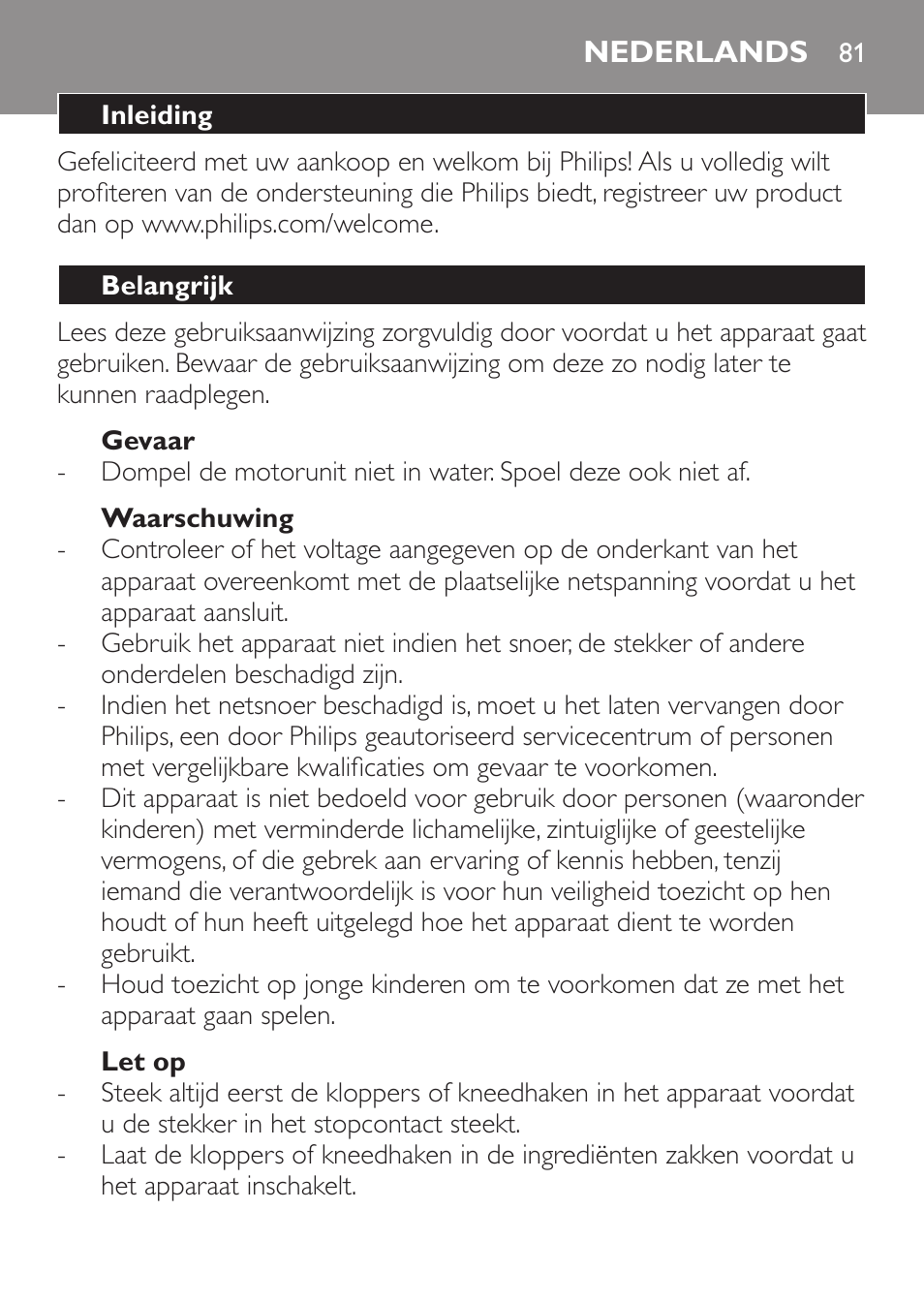 Nederlands, Nederlands 81 | Philips Daily Collection Amasadora de mano User Manual | Page 81 / 126