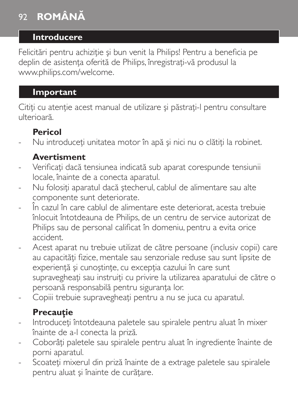 Română, Română 92 | Philips Daily Collection Amasadora de mano User Manual | Page 92 / 126