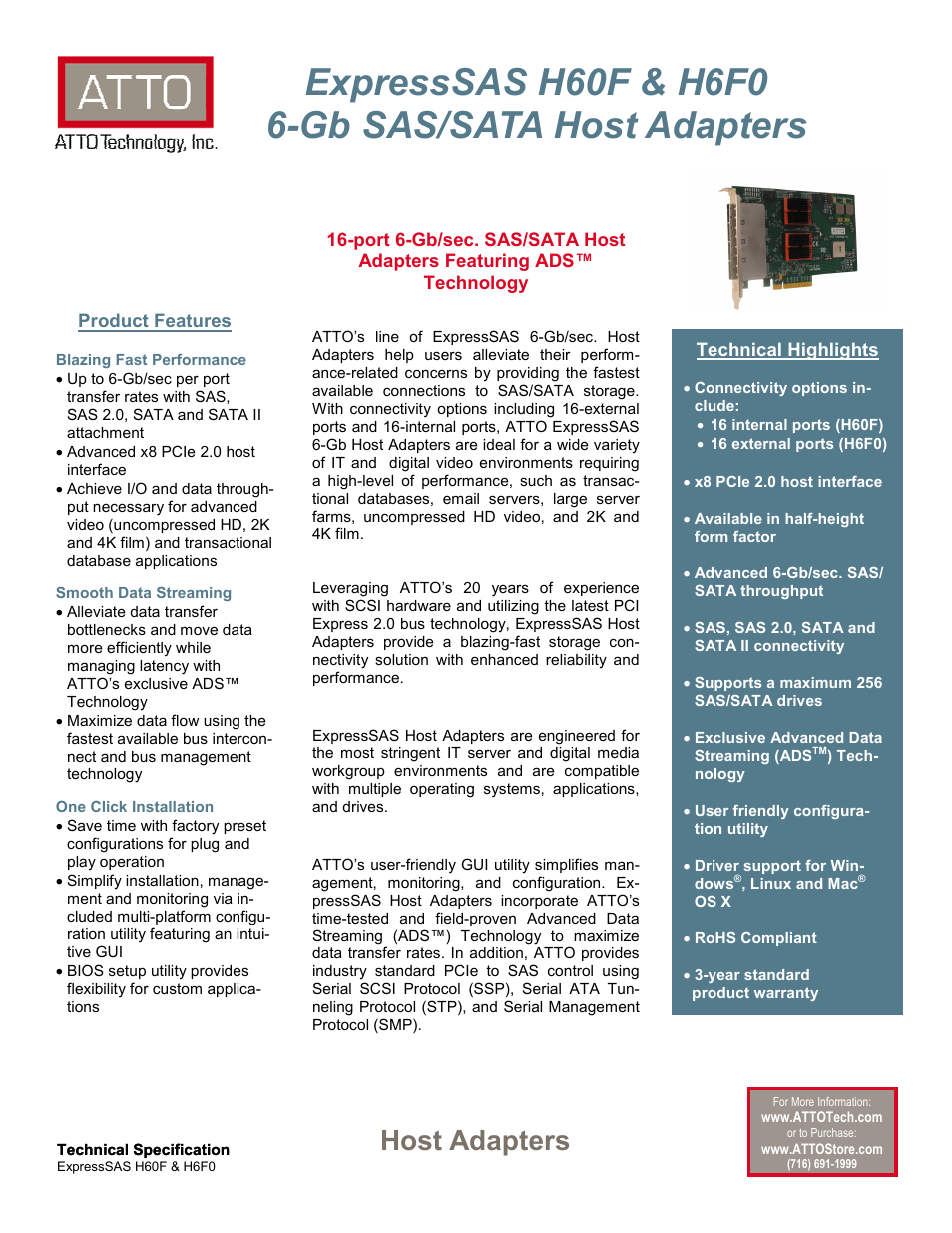 ATTO Technology 6-Gb SAS/SATA Host Adapter H60F User Manual | 2 pages