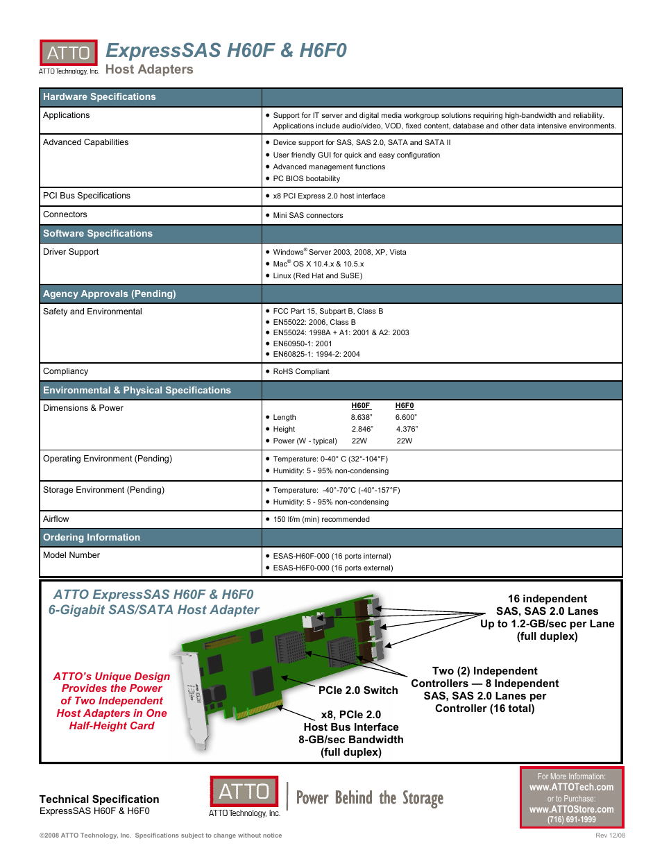 Power behind the storage, Expresssas h60f & h6f0, Host adapters | ATTO Technology 6-Gb SAS/SATA Host Adapter H60F User Manual | Page 2 / 2