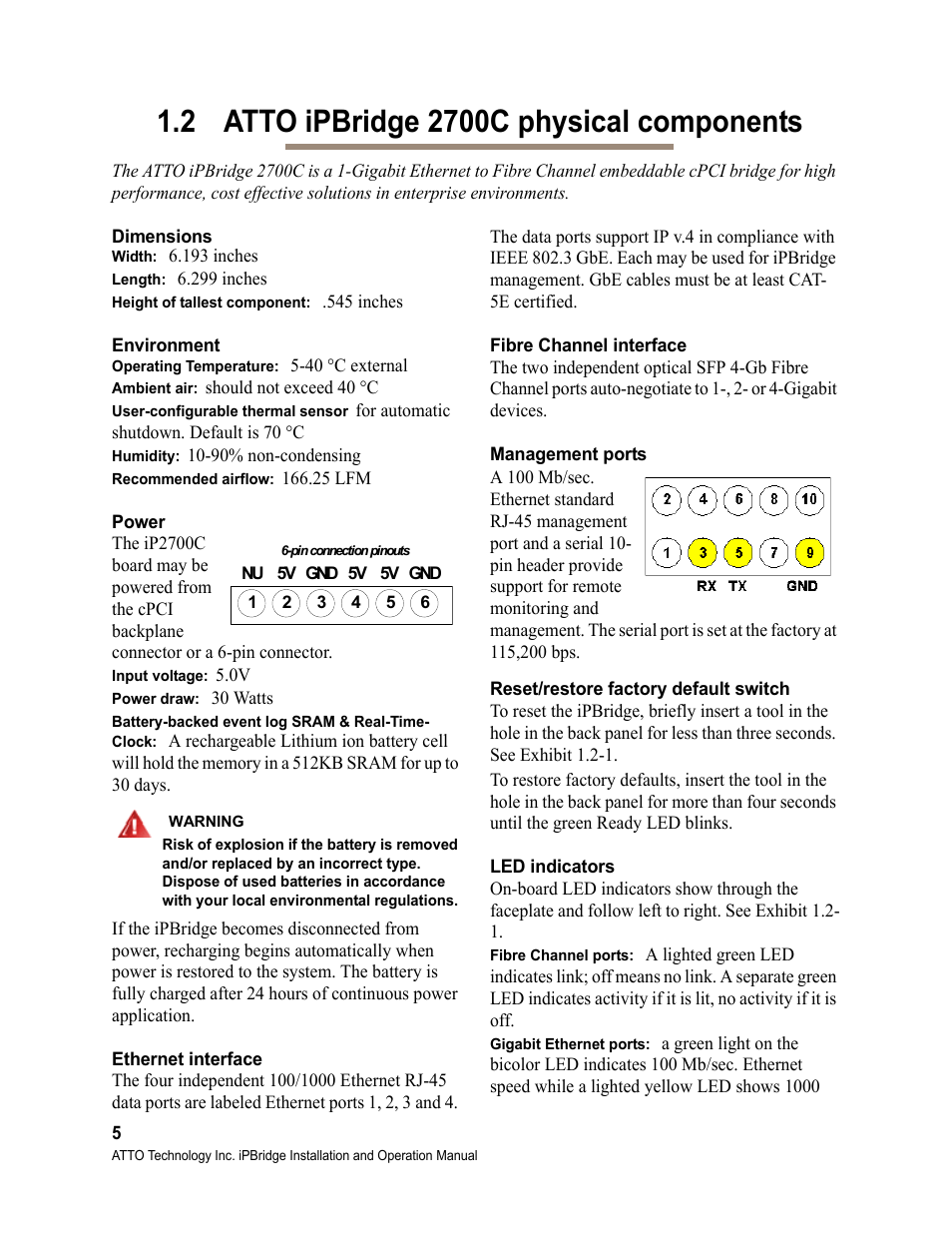 2 atto ipbridge 2700c physical components, Dimensions, Width | Length, Height of tallest component, Environment, Operating temperature, Ambient air, User-configurable thermal sensor, Humidity | ATTO Technology 2700C User Manual | Page 10 / 50