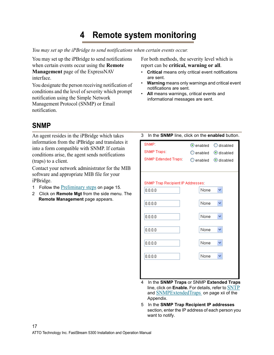 4 remote system monitoring, Snmp, 3 in the snmp line, click on the enabled button | ATTO Technology 2700C User Manual | Page 22 / 50