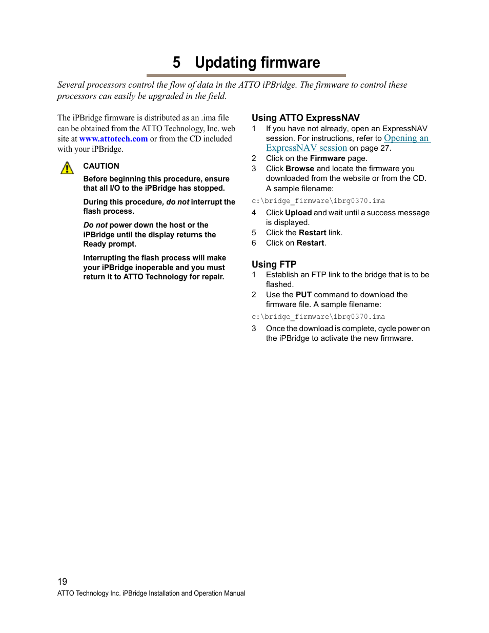 5 updating firmware, Using atto expressnav, 5 click the restart link | 6 click on restart, Using ftp, Using atto expressnav using ftp | ATTO Technology 2700C User Manual | Page 24 / 50