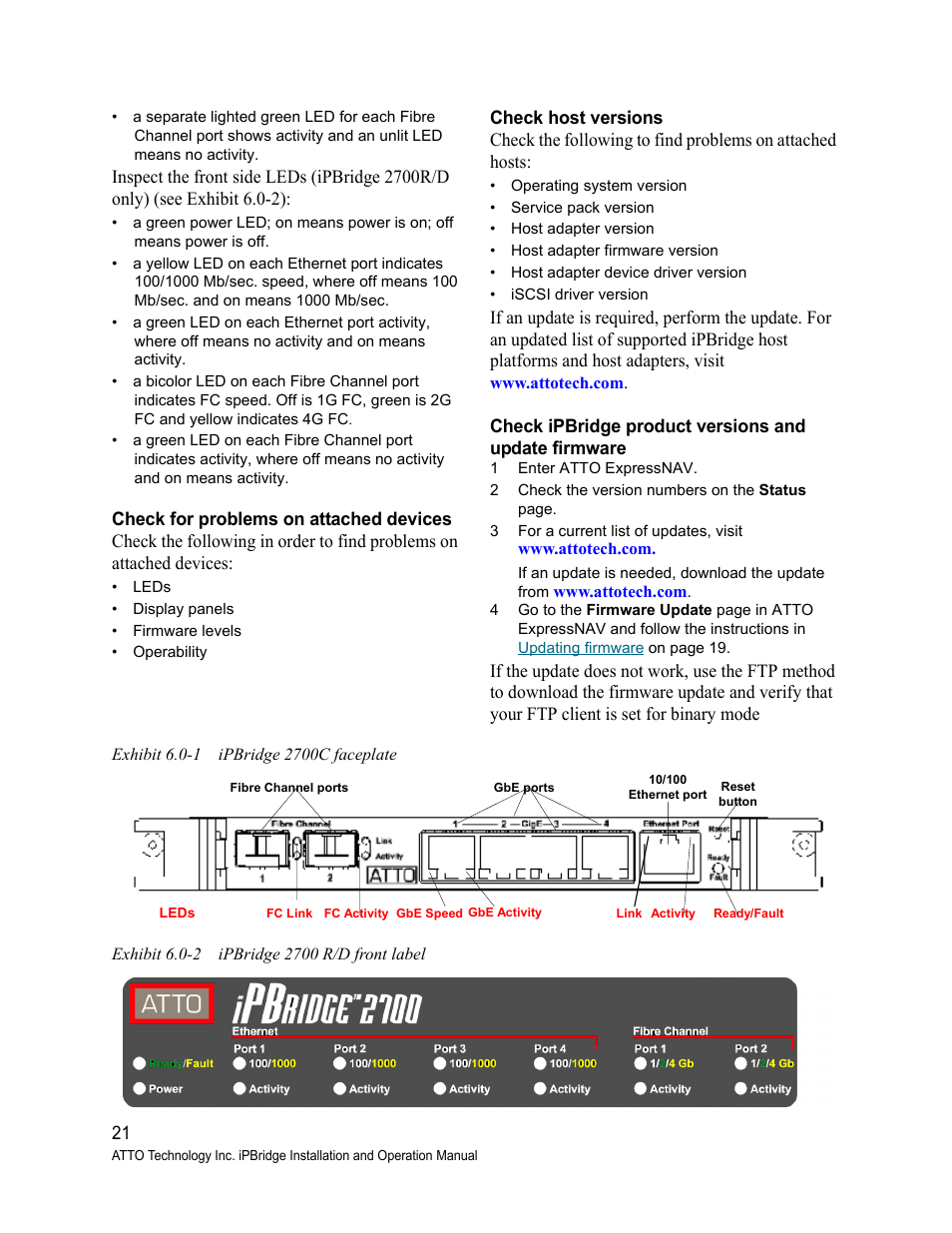 Check for problems on attached devices, Check host versions, 1 enter atto expressnav | Exhibit 6.0-1 ipbridge 2700c faceplate, Exhibit 6.0-2 ipbridge 2700 r/d front label, Exhibit 6.0-1 and exhibit 6.0-2) | ATTO Technology 2700C User Manual | Page 26 / 50