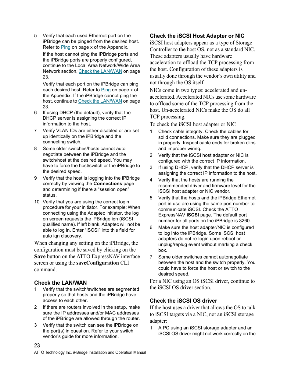 Check the lan/wan, Check the iscsi host adapter or nic, Check the iscsi os driver | ATTO Technology 2700C User Manual | Page 28 / 50