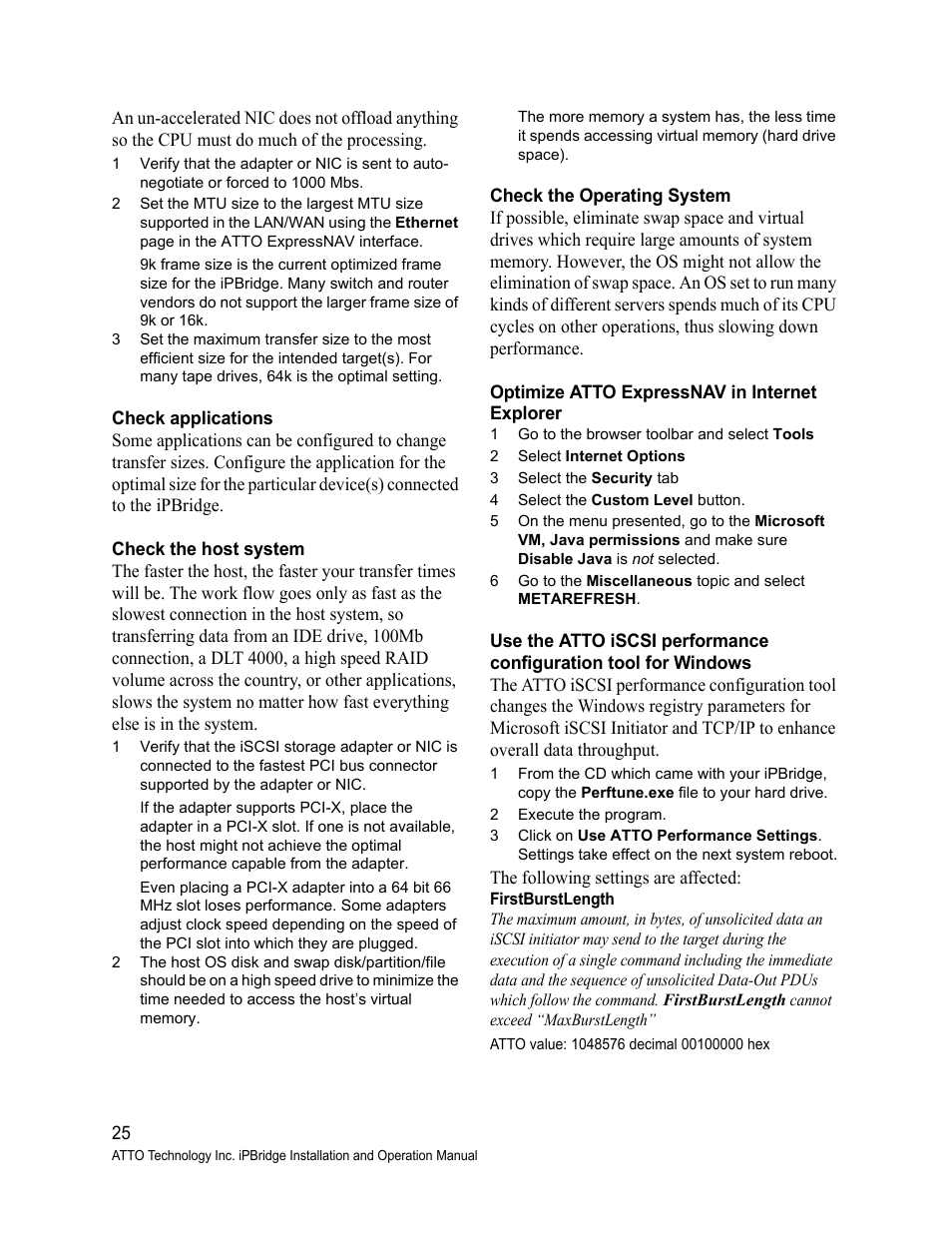 Check applications, Check the host system, Check the operating system | Optimize atto expressnav in internet explorer, 1 go to the browser toolbar and select tools, 2 select internet options, 3 select the security tab, 4 select the custom level button, 2 execute the program, Firstburstlength | ATTO Technology 2700C User Manual | Page 30 / 50