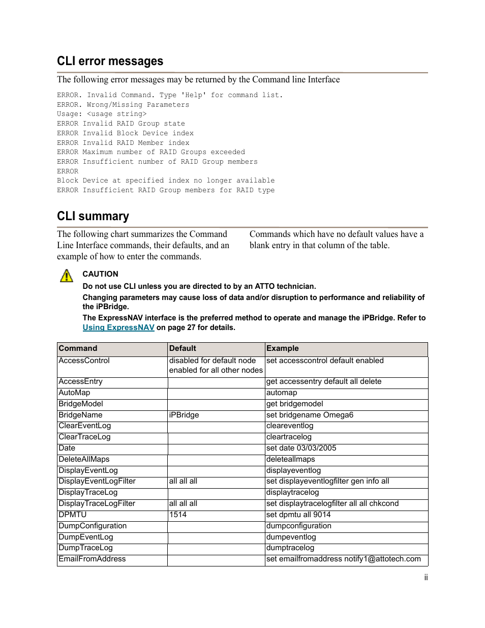 Cli error messages, Cli summary, Cli error messages cli summary | ATTO Technology 2700C User Manual | Page 35 / 50