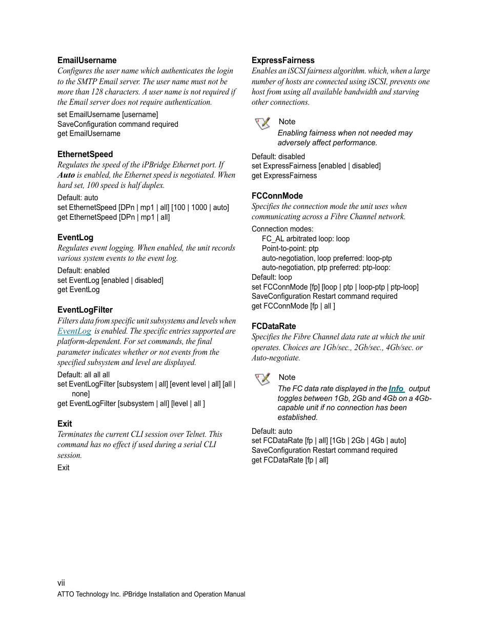 Emailusername, Ethernetspeed, Eventlog | Eventlogfilter, Exit, Expressfairness, Fcconnmode, Fcdatarate, Of the appendix | ATTO Technology 2700C User Manual | Page 40 / 50