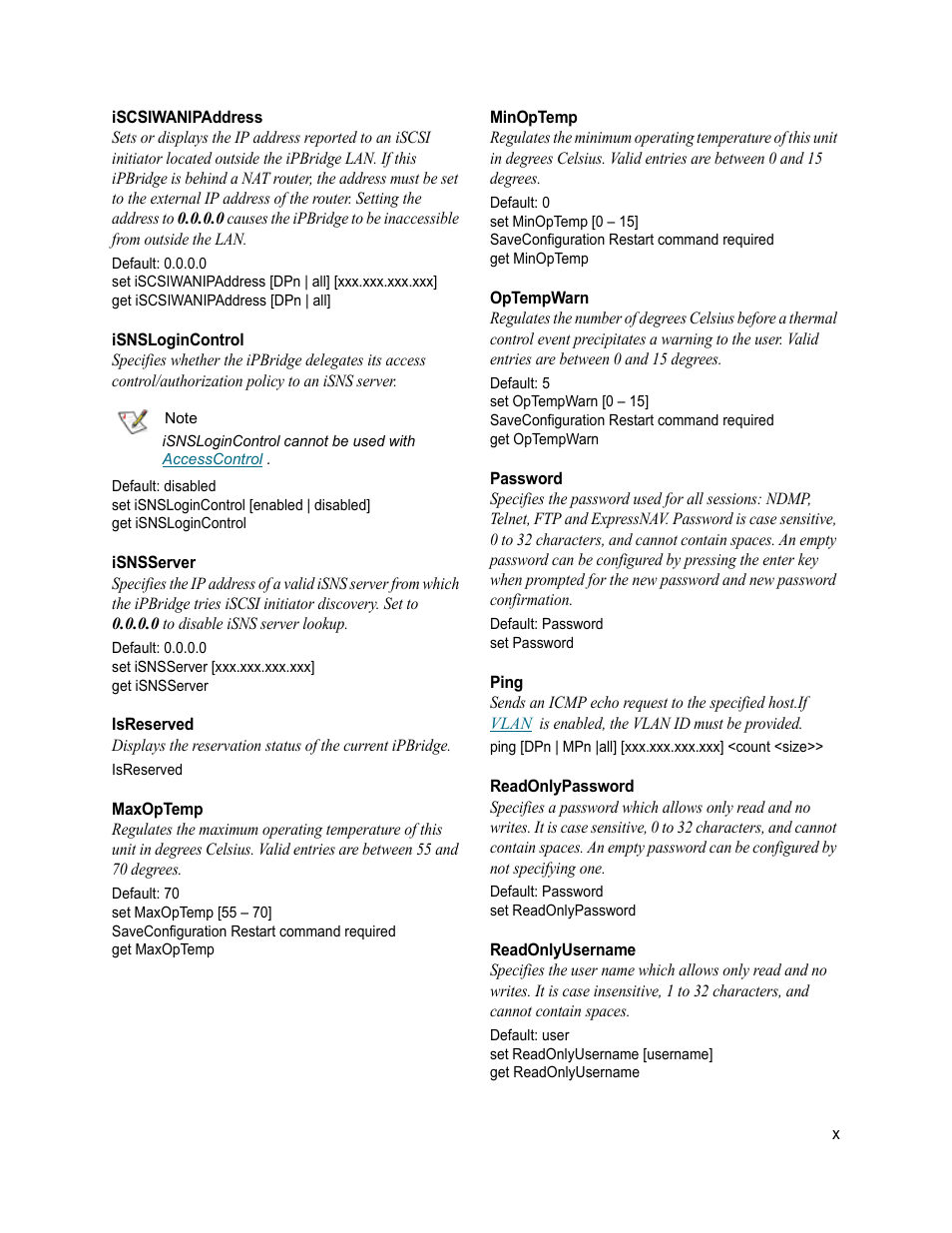 Iscsiwanipaddress, Isnslogincontrol, Isnsserver | Isreserved, Maxoptemp, Minoptemp, Optempwarn, Password, Ping, Readonlypassword | ATTO Technology 2700C User Manual | Page 43 / 50