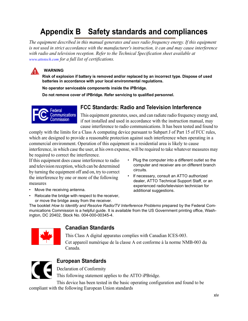 Appendix b safety standards and compliances, Fcc standards: radio and television interference, Canadian standards | European standards, Declaration of conformity | ATTO Technology 2700C User Manual | Page 47 / 50