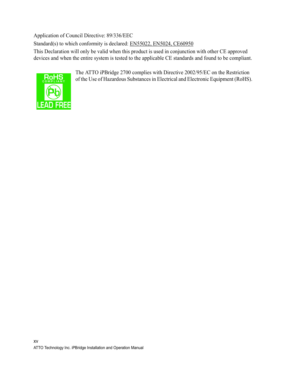 Application of council directive: 89/336/eec | ATTO Technology 2700C User Manual | Page 48 / 50