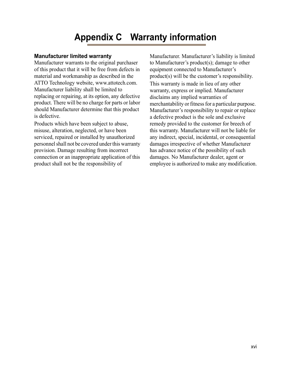 Appendix c warranty information, Manufacturer limited warranty | ATTO Technology 2700C User Manual | Page 49 / 50