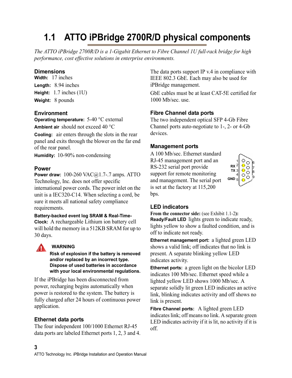 1 atto ipbridge 2700r/d physical components, Dimensions, Width | Length, Height, Weight, Environment, Operating temperature, Ambient air, Cooling | ATTO Technology 2700C User Manual | Page 8 / 50