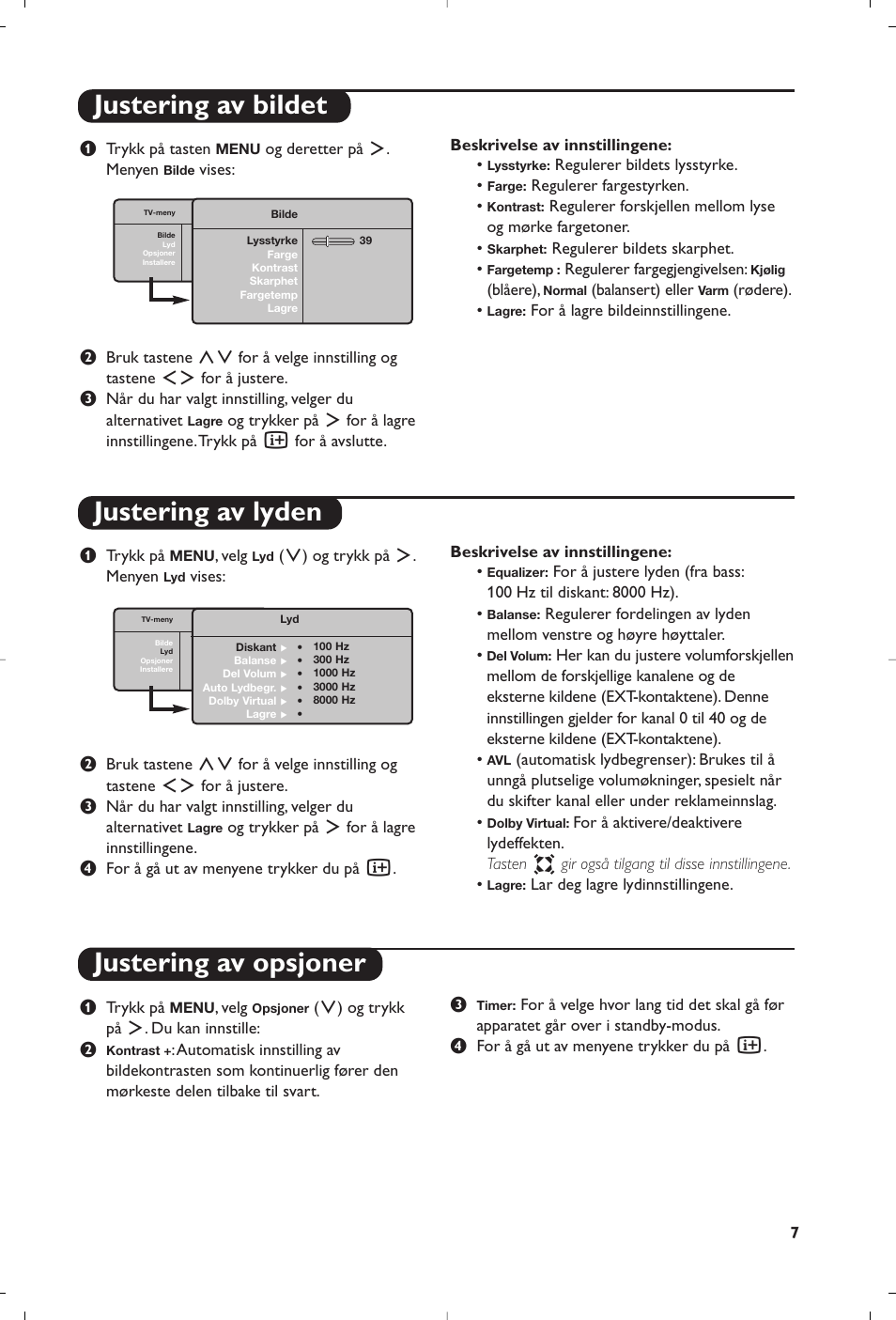 Justering av bildet justering av lyden, Justering av opsjoner | Philips Flat TV User Manual | Page 107 / 172