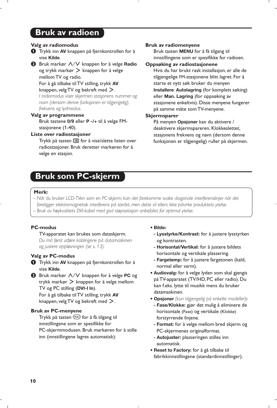 Bruk som pc-skjerm, Bruk av radioen | Philips Flat TV User Manual | Page 110 / 172