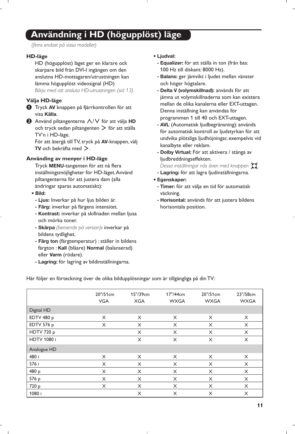 Användning i hd (högupplöst) läge | Philips Flat TV User Manual | Page 125 / 172