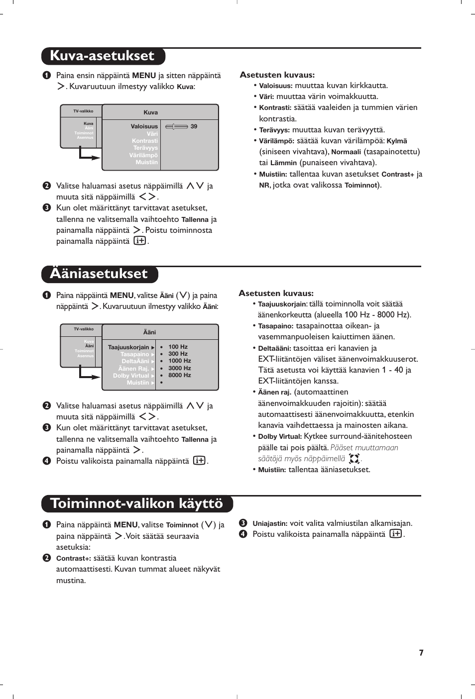 Kuva-asetukset ääniasetukset, Toiminnot-valikon käyttö | Philips Flat TV User Manual | Page 135 / 172