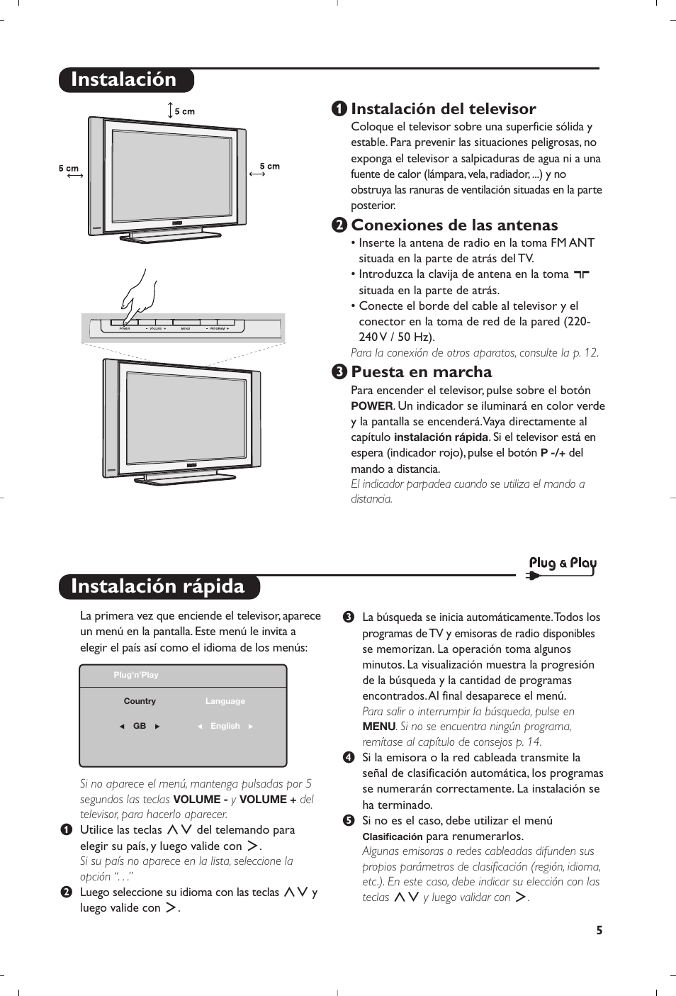 Instalación rápida, Instalación, Instalación del televisor | É conexiones de las antenas, Puesta en marcha | Philips Flat TV User Manual | Page 147 / 172