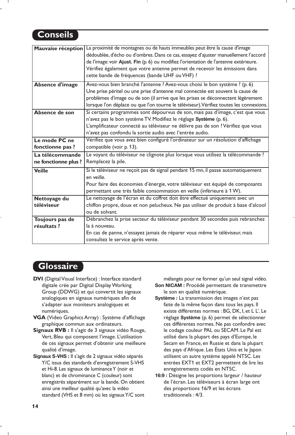 Glossaire, Conseils | Philips Flat TV User Manual | Page 16 / 172