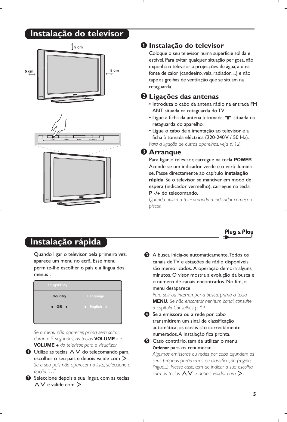 Instalação rápida, Instalação do televisor, Ligações das antenas | Arranque | Philips Flat TV User Manual | Page 161 / 172