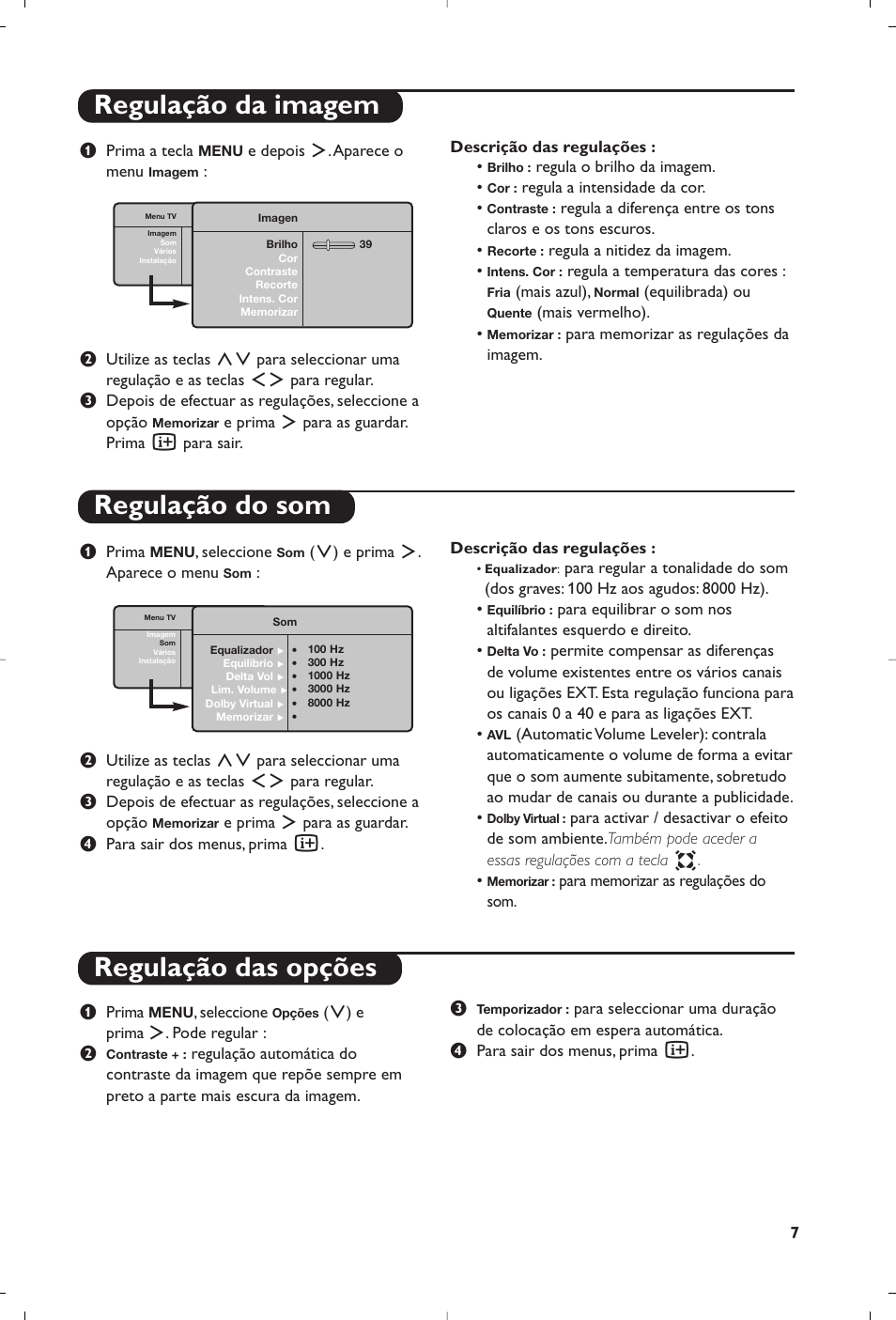 Regulação da imagem regulação do som, Regulação das opções | Philips Flat TV User Manual | Page 163 / 172