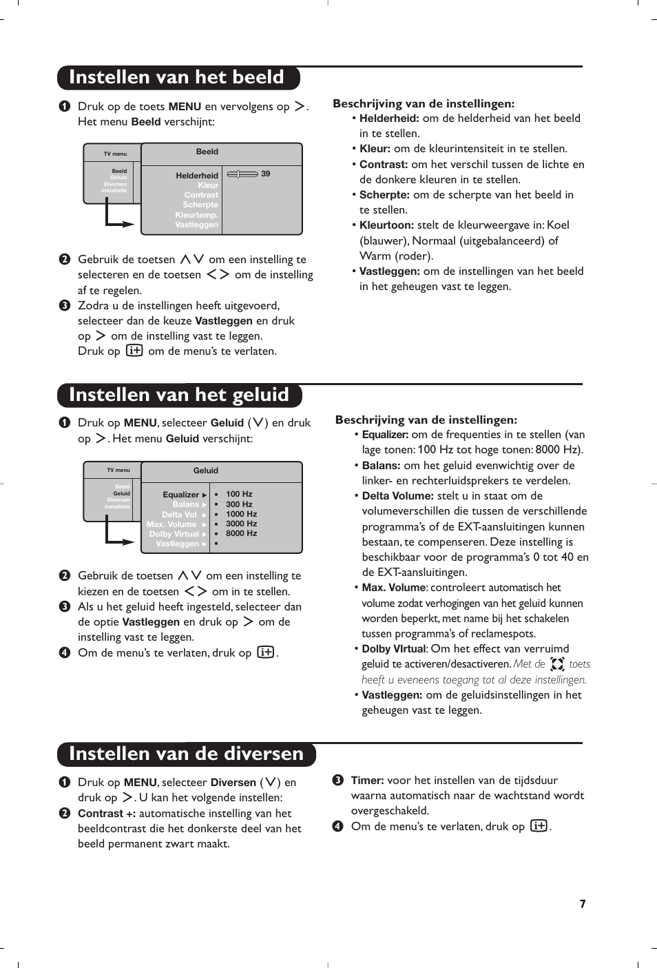 Instellen van het beeld instellen van het geluid, Instellen van de diversen | Philips Flat TV User Manual | Page 23 / 172