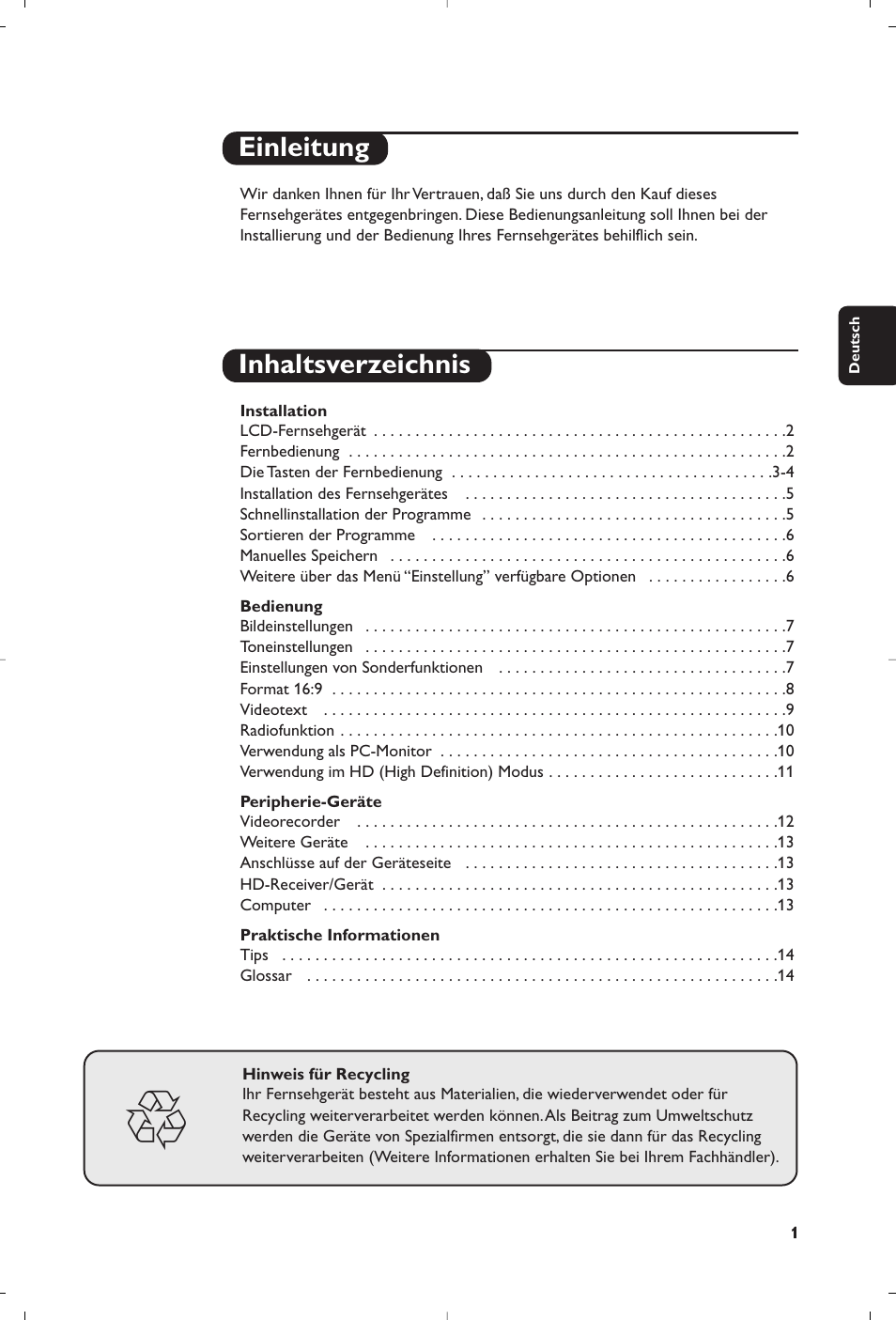 Einleitung inhaltsverzeichnis | Philips Flat TV User Manual | Page 31 / 172