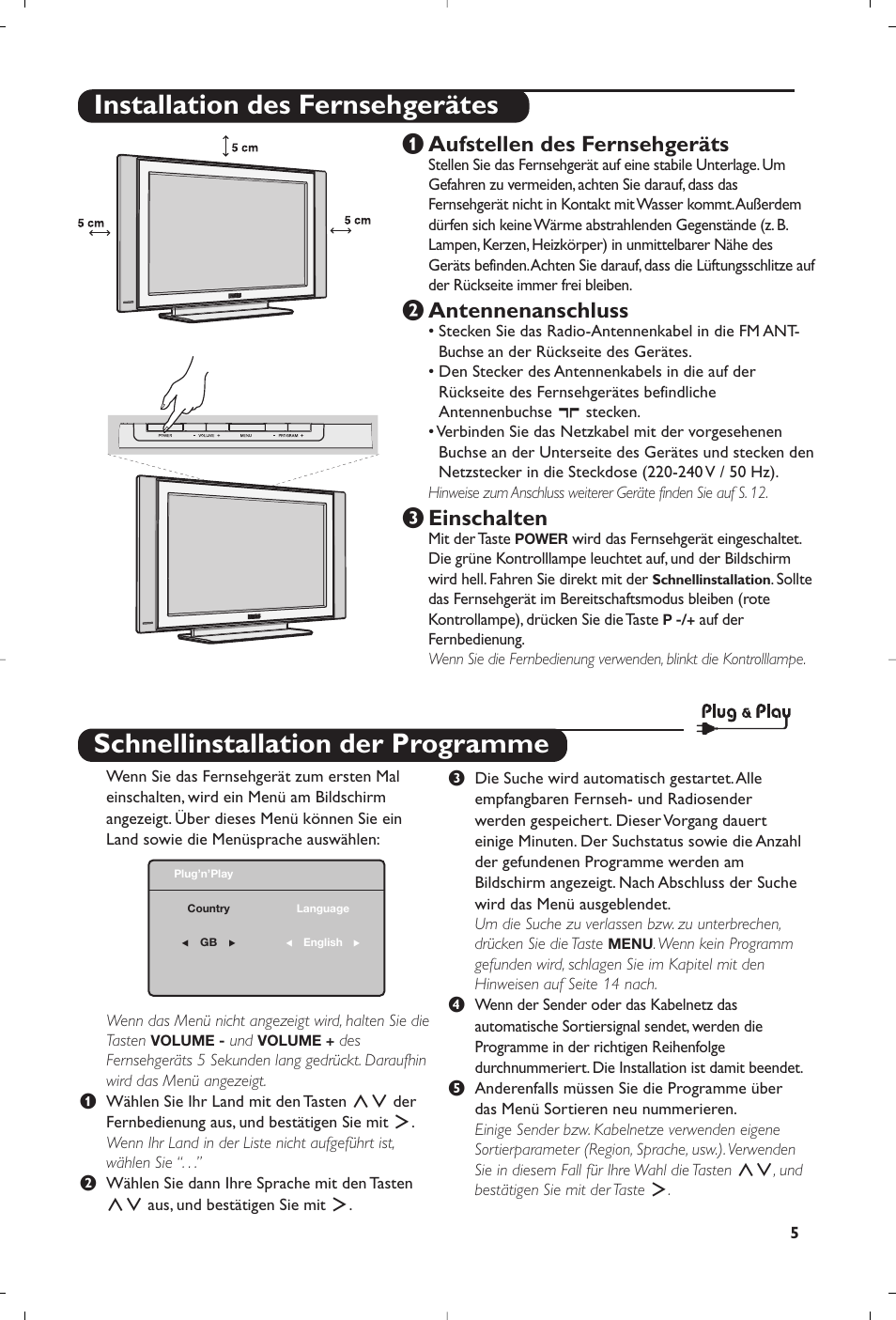 Schnellinstallation der programme, Installation des fernsehgerätes, Aufstellen des fernsehgeräts | É antennenanschluss, Einschalten | Philips Flat TV User Manual | Page 35 / 172