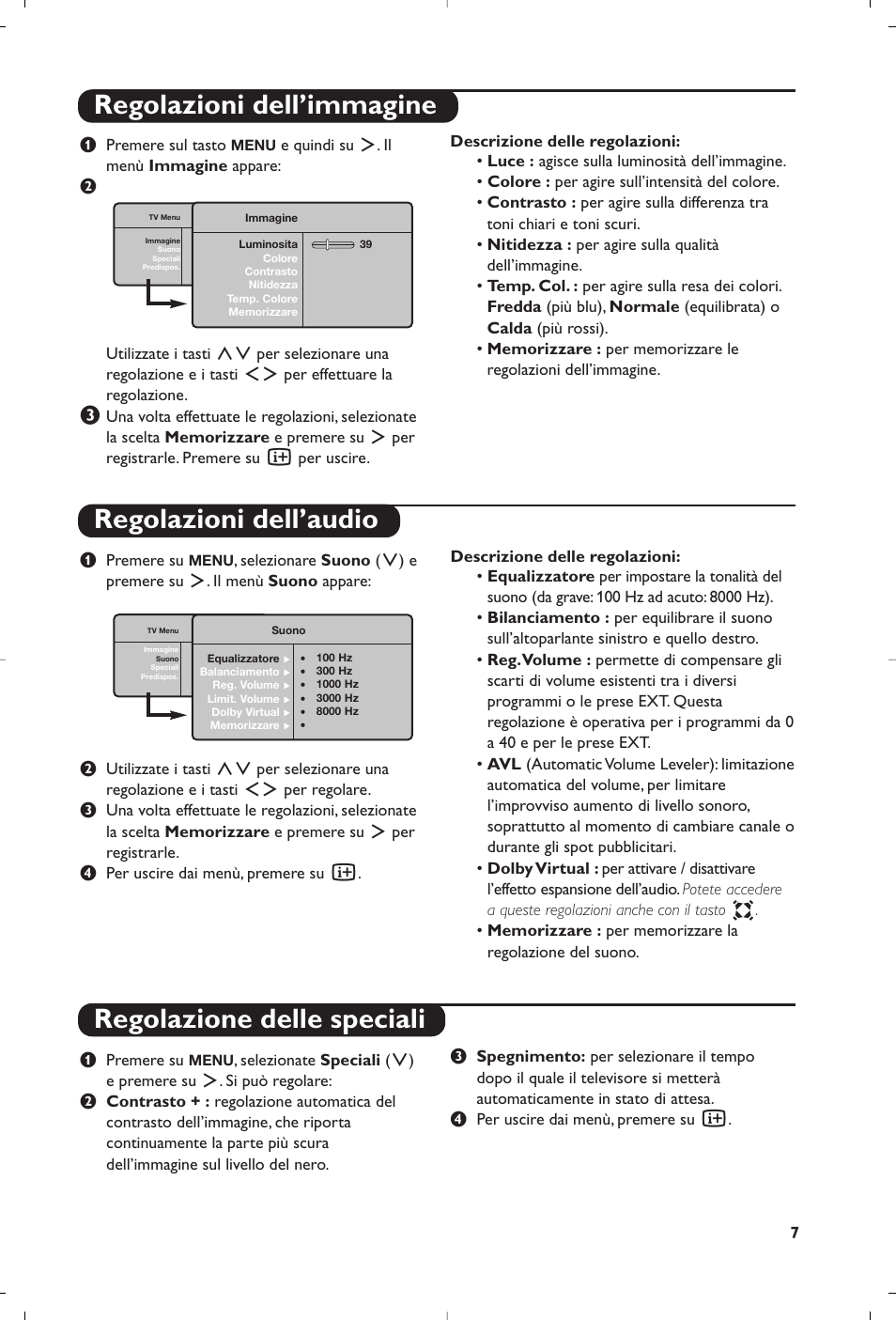 Regolazioni dell’immagine regolazioni dell’audio, Regolazione delle speciali | Philips Flat TV User Manual | Page 51 / 172