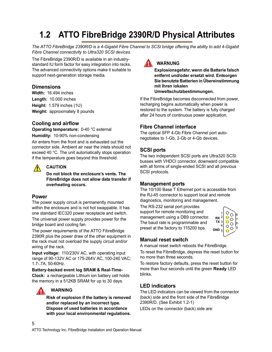 2 atto fibrebridge 2390r/d physical attributes, Dimensions, Cooling and airflow | Power, Fibre channel interface, Scsi ports, Management ports, Manual reset switch, Led indicators | ATTO Technology 2400C/R/D User Manual | Page 10 / 50