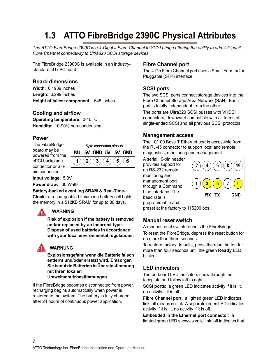 3 atto fibrebridge 2390c physical attributes, Board dimensions, Cooling and airflow | Power, Fibre channel port, Scsi ports, Management access, Manual reset switch, Led indicators | ATTO Technology 2400C/R/D User Manual | Page 12 / 50