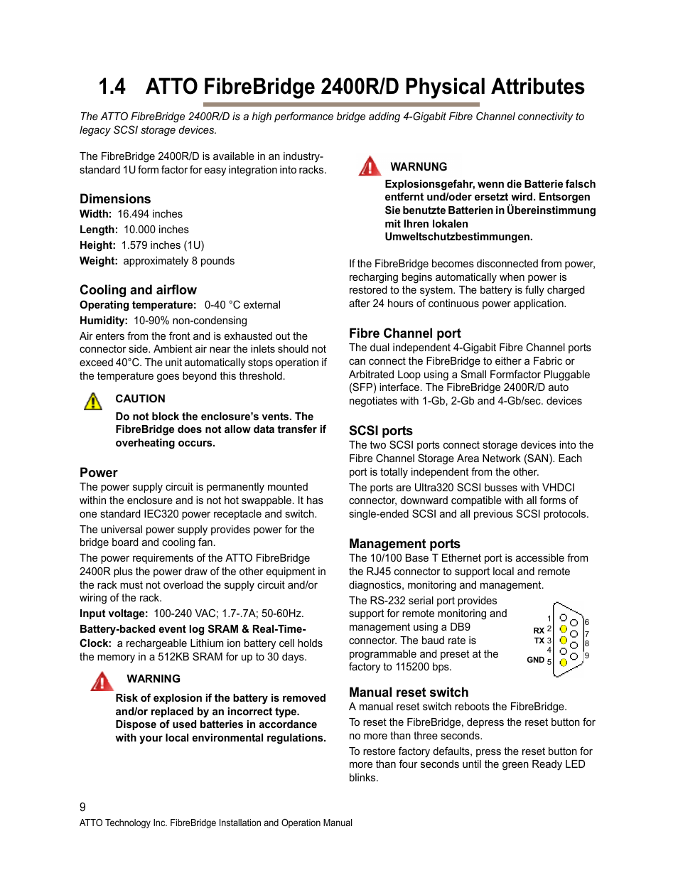 4 atto fibrebridge 2400r/d physical attributes, Dimensions, Cooling and airflow | Power, Fibre channel port, Scsi ports, Management ports, Manual reset switch | ATTO Technology 2400C/R/D User Manual | Page 14 / 50