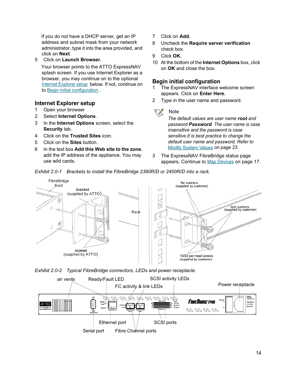 Internet explorer setup, Begin initial configuration, Exhibit 2.0-1 an | ATTO Technology 2400C/R/D User Manual | Page 19 / 50
