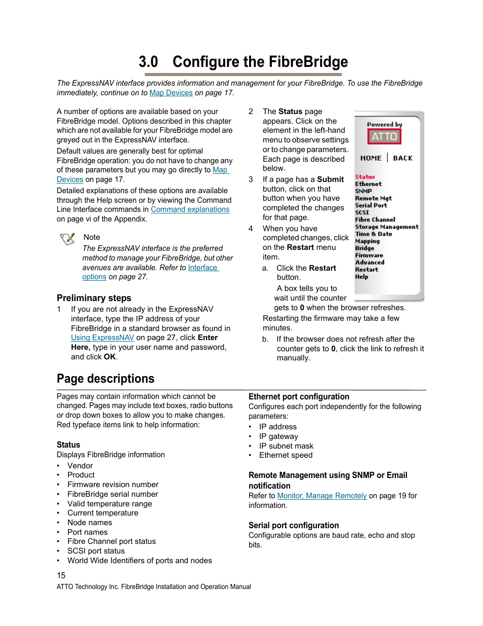 0 configure the fibrebridge, Preliminary steps, Page descriptions | ATTO Technology 2400C/R/D User Manual | Page 20 / 50