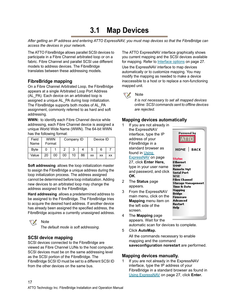 1 map devices, Fibrebridge mapping, Scsi device mapping | Mapping devices automatically, Mapping devices manually, Map devices, Continue on to, Rameters but you may go directly to, Devices | ATTO Technology 2400C/R/D User Manual | Page 22 / 50