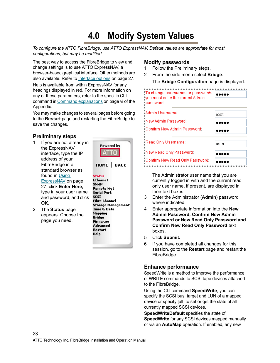 0 modify system values, Preliminary steps, Modify passwords | Enhance performance, Modify system values, Modify system, Values | ATTO Technology 2400C/R/D User Manual | Page 28 / 50